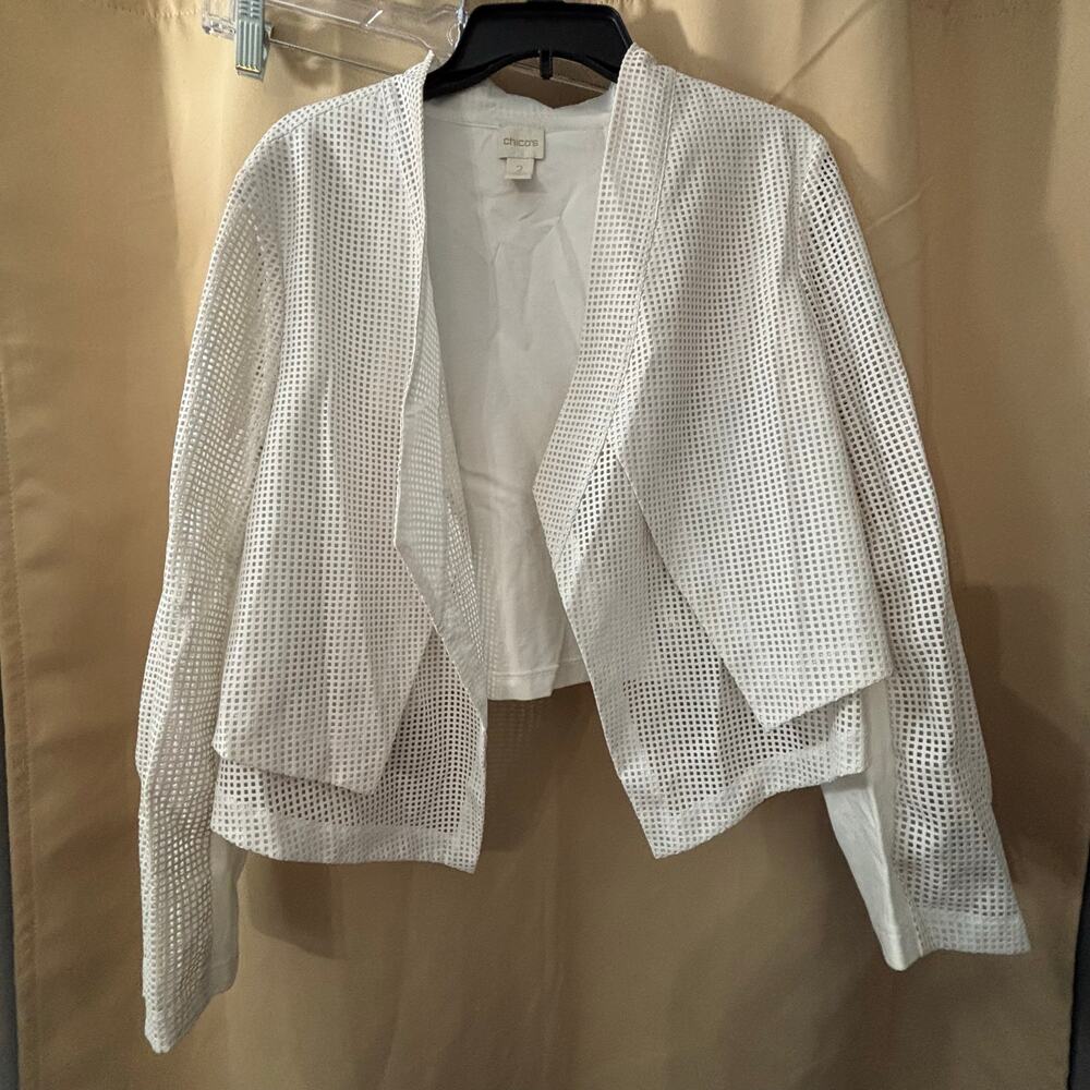 Chico’s Size 2 White Mesh Open Front Jacket Blazer Lightweight Layer